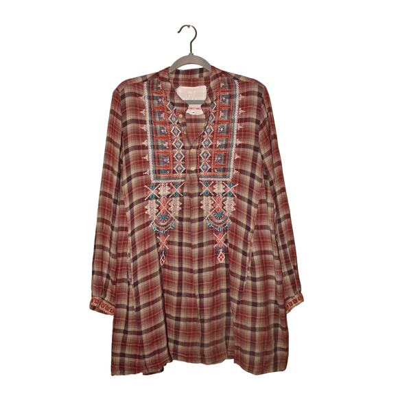 JOHNNY WAS 3J WORKSHOP $295 Plaid Embroidered Long Sleeve Tunic Dress Red Medium - Picture 1 of 4